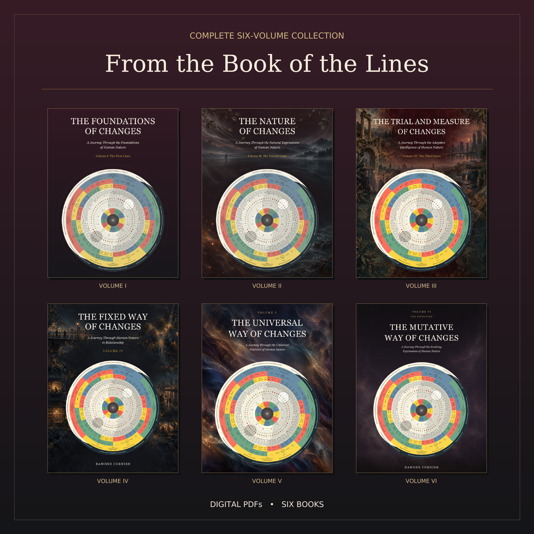 The six original covers of From the Book of the Lines by Dawone Cornish